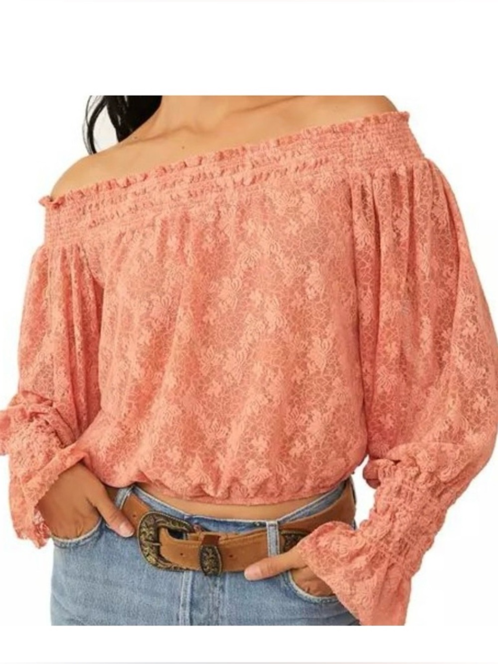 Free People Emily Coral Lace Off the Shoulder Long Sleeve Crop Top